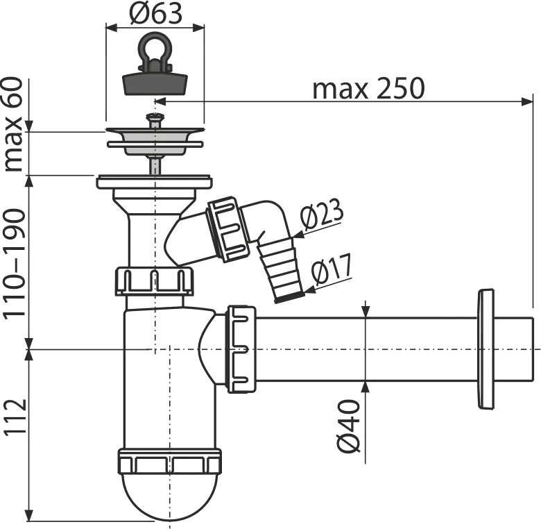Alcadrain A41P SIFON UMYVADLOVÝ DN40 S PŘÍPOJKOU A NEREZOVOU MŘÍŽKOU DN63