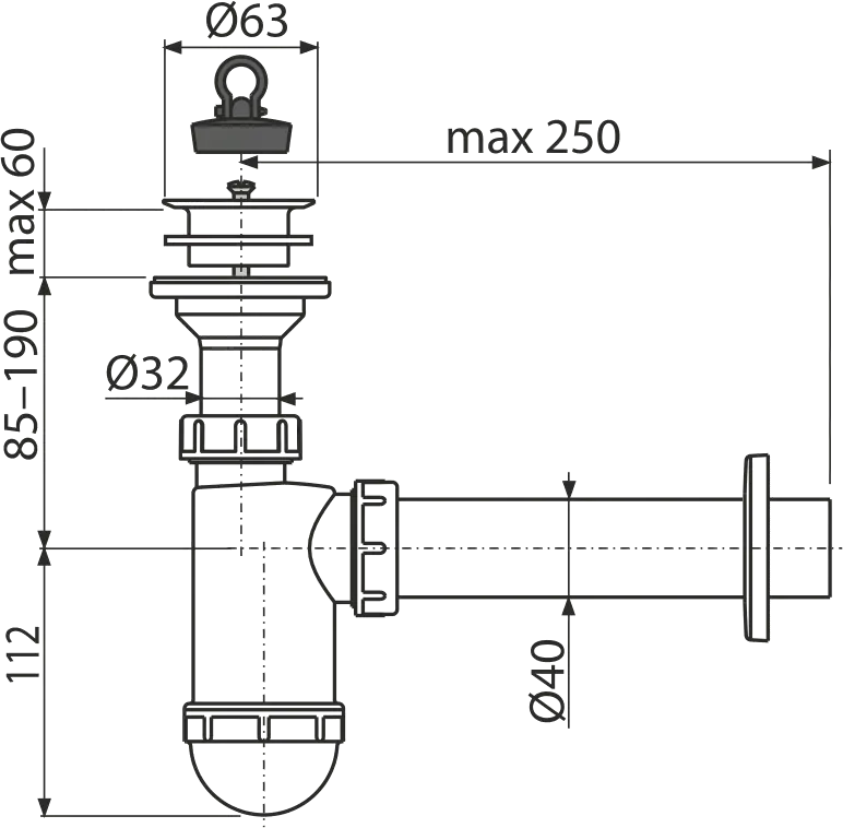 Alcadrain A42 SIFON UMYVADLOVÝ DN40 S PLASTOVOU MŘÍŽKOU DN63
