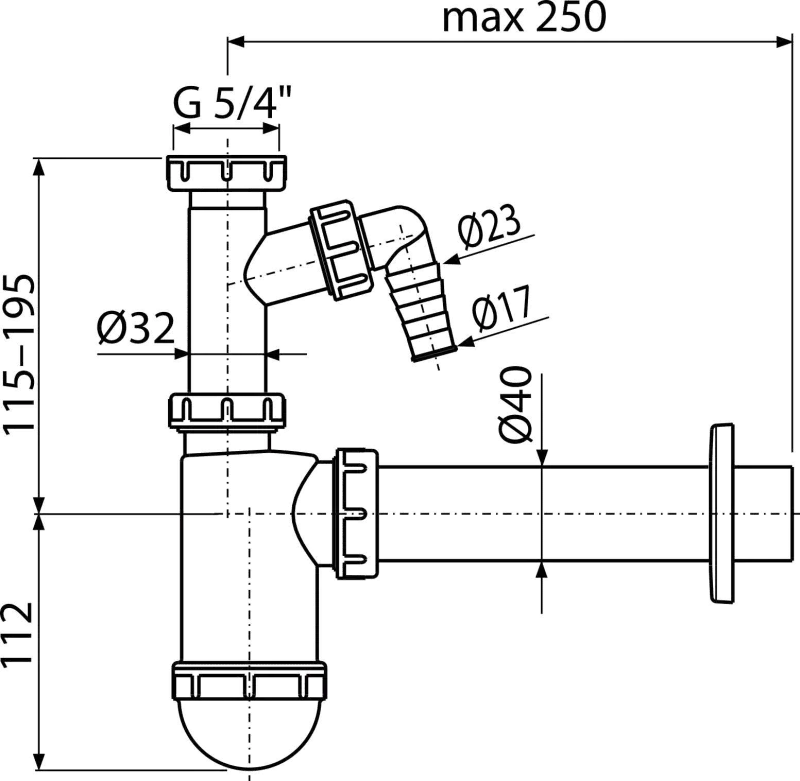 Alcadrain A43P SIFON UMYVADLOVÝ DN40 S PŘÍPOJKOU A PŘEVLEČNOU MATICÍ 5/4"
