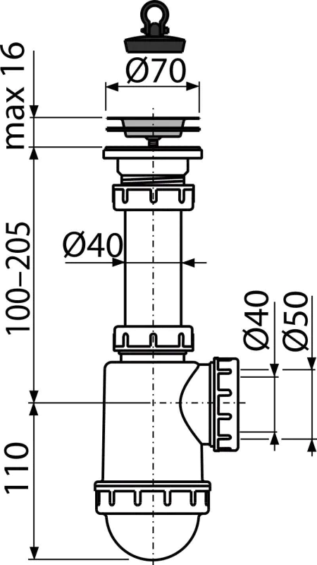 Alcadrain A441 SIFON DŘEZOVÝ S NEREZOVOU MŘÍŽKOU DN70