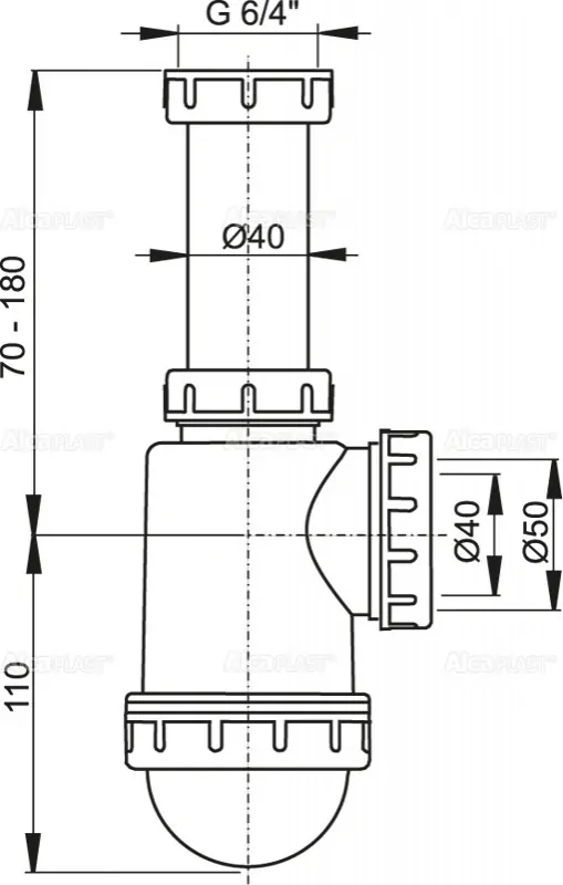 Alcadrain A443 SIFON DŘEZOVÝ S PŘEVLEČNOU MATICÍ 6/4"