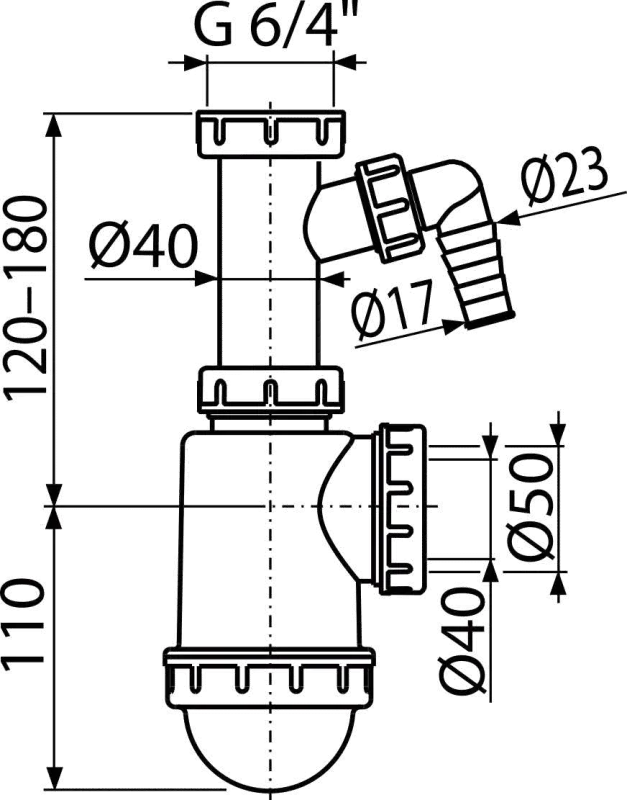 Alcadrain A443P SIFON DŘEZOVÝ S PŘEVLEČNOU MATICÍ 6/4" A PŘÍPOJKOU