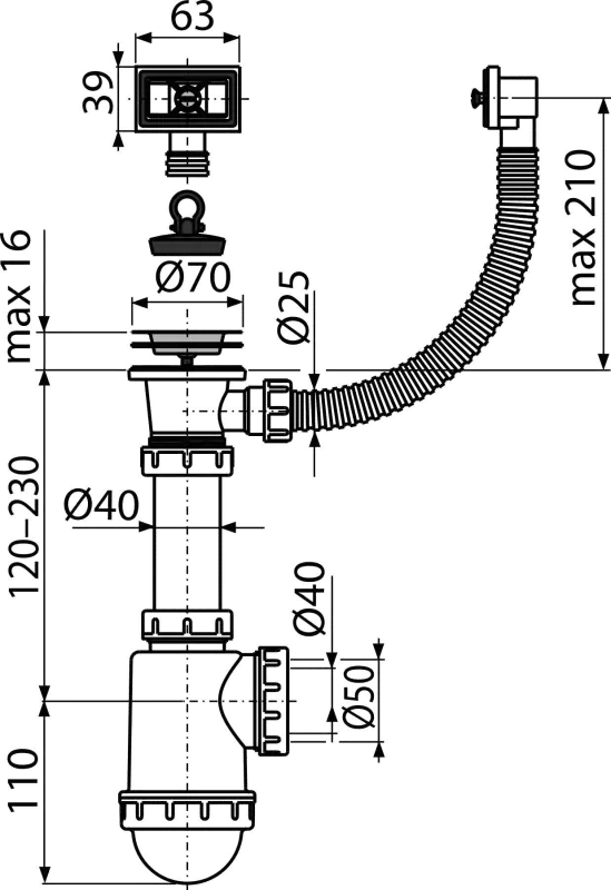 Alcadrain A444 SIFON DŘEZOVÝ S NEREZOVOU MŘÍŽKOU DN70 A FLEXI PŘEPADEM