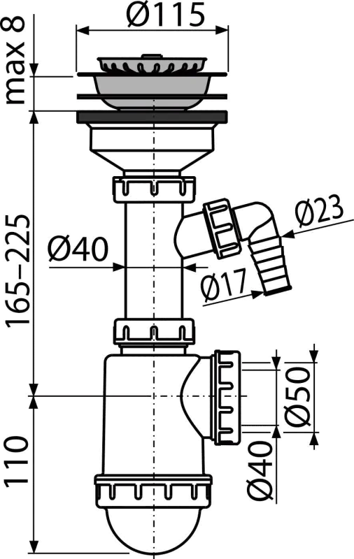 Alcadrain A446P SIFON DŘEZOVÝ S NEREZOVOU MŘÍŽKOU DN115 A PŘÍPOJKOU
