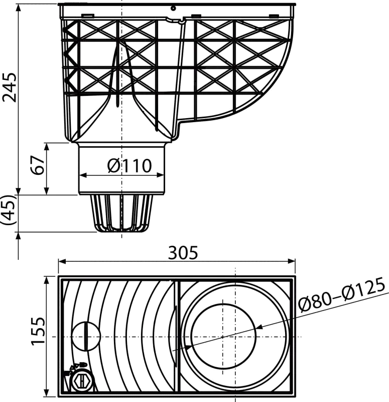 Alcadrain AGV1 UNIVERZÁLNÍ LAPAČ STŘEŠNÍCH SPLAVENIN 300×155/110 MM PŘÍMÝ, ČERNÁ