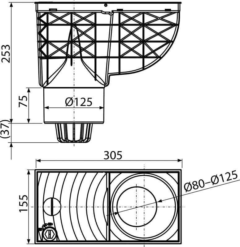Alcadrain AGV2 UNIVERZÁLNÍ LAPAČ STŘEŠNÍCH SPLAVENIN 300×155/125 MM PŘÍMÝ ČERNÁ