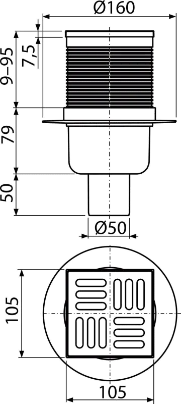 Alcadrain APV2 PODLAHOVÁ VPUST 105×105/50 MM PŘÍMÁ, MŘÍŽKA NEREZ, VODNÍ ZÁPACHOVÁ UZÁVĚRA