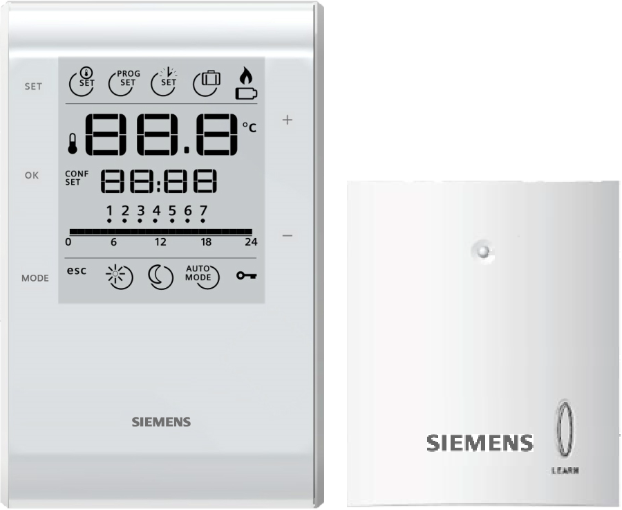 Siemens RDE50.1 Prostorový termostat, týdenní program, přepínací kontakt, bateriové napájení